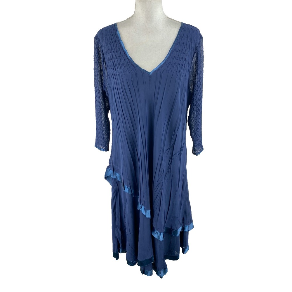 Komarov L Chiffon Tiered V-Neck Cocktail Dress Whimsigoth Crinkle Sheer Sleeves